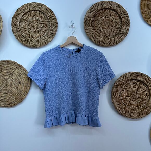 Express Blue Stretch Smocked Ruffle Short Sleeve Top Large - Picture 2 of 7